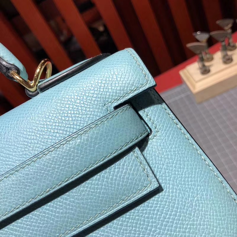 爱马仕凯莉包价格 Hermes Kelly28CM 马卡龙蓝手掌纹牛皮 银扣