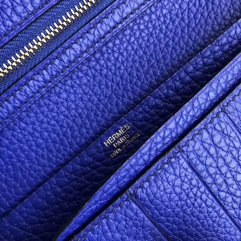 爱马仕钱包批发 Hermes Bearn电光蓝荔枝纹牛皮西装夹长款钱夹 金扣