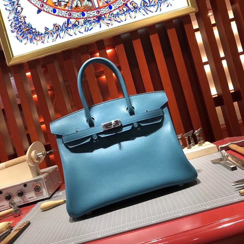 爱马仕包包官网 Hermes Birkin30CM 松石蓝原厂Swift牛皮铂金包 银扣