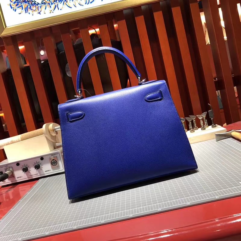 爱马仕Kelly包包 Hermes电光蓝十字纹牛皮凯莉包Kelly28CM 银扣