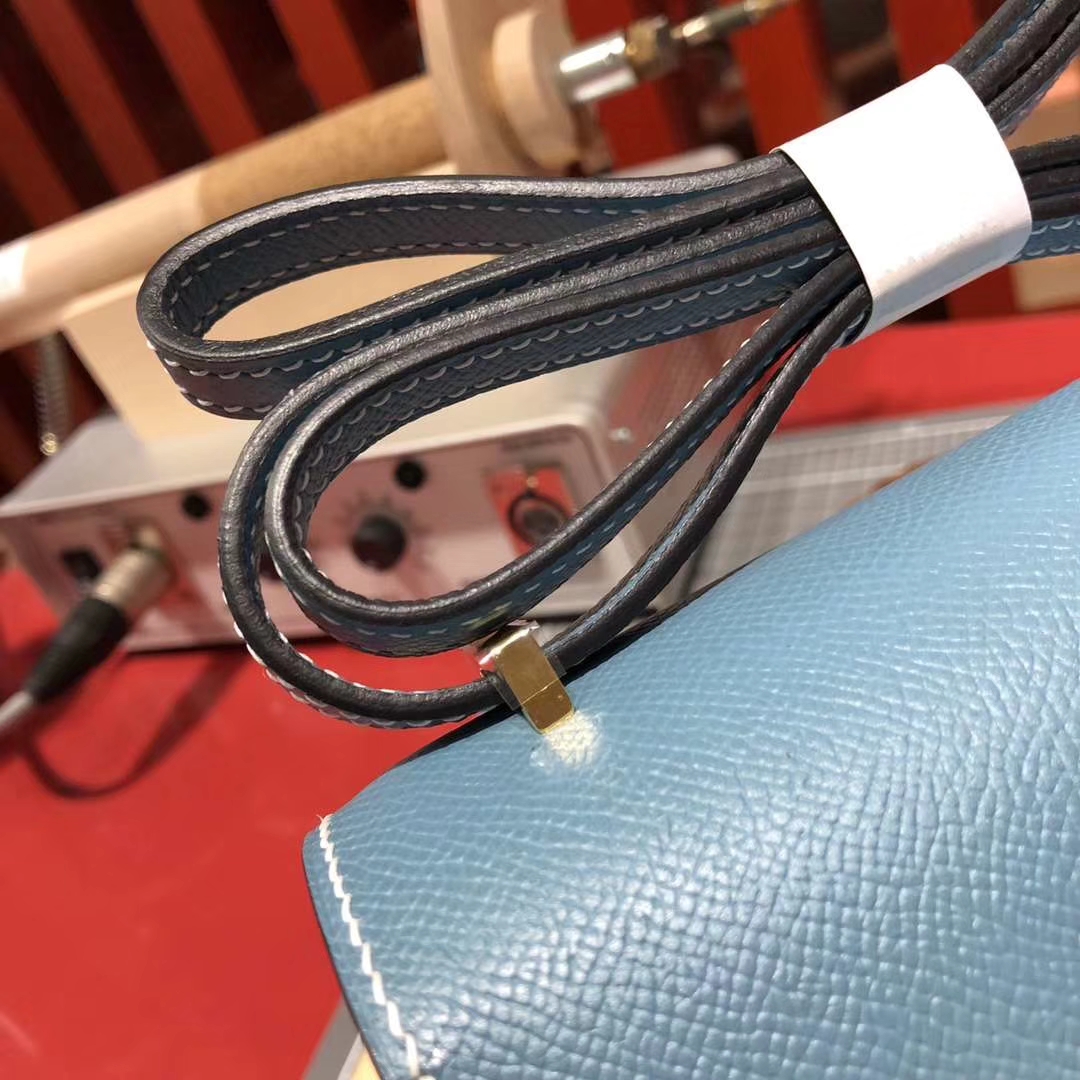 Hermes Constance19CM 爱马仕牛仔蓝原厂epsom牛皮空姐包 金扣