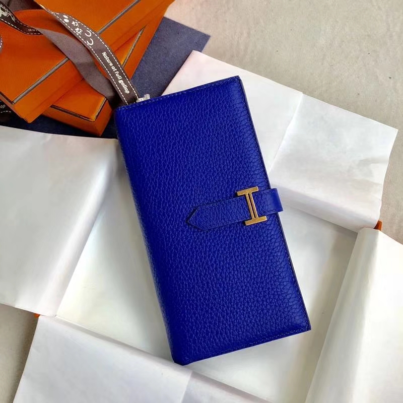 爱马仕钱包批发 Hermes Bearn电光蓝荔枝纹牛皮西装夹长款钱夹 金扣