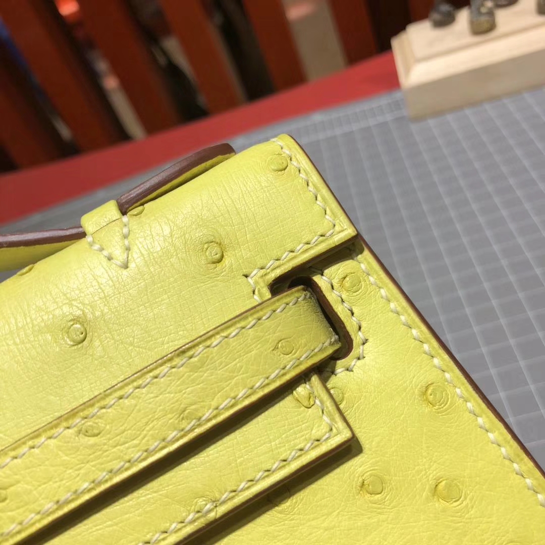 Hermes Minikelly22CM 爱马仕顶级鸵鸟皮9R柠檬黄迷你凯莉包手包 金扣