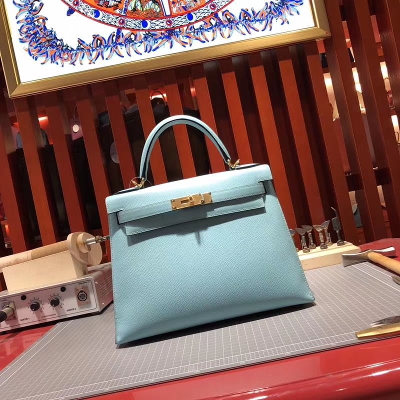 爱马仕凯莉包价格 Hermes Kelly28CM 马卡龙蓝手掌纹牛皮 银扣
