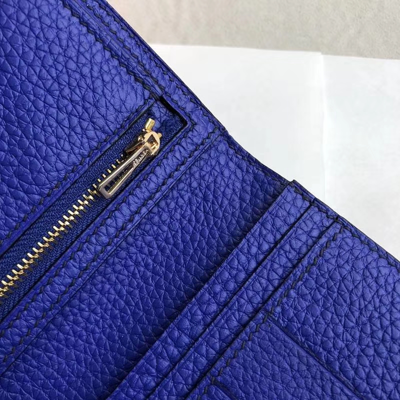 爱马仕钱包批发 Hermes Bearn电光蓝荔枝纹牛皮西装夹长款钱夹 金扣