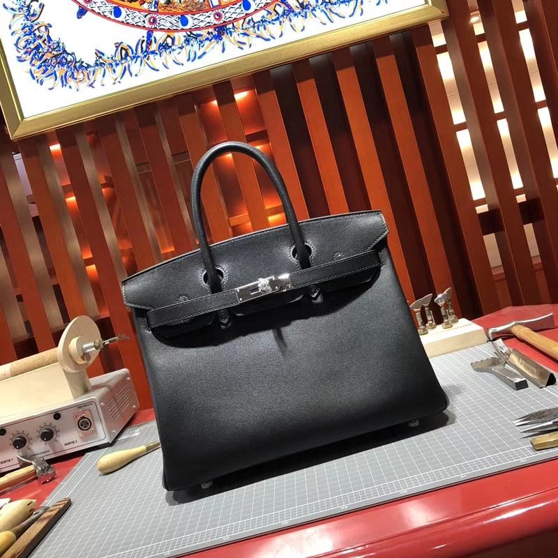 Hermes包包官网 爱马仕原厂Swift牛皮Birkin30铂金包 黑色 银扣