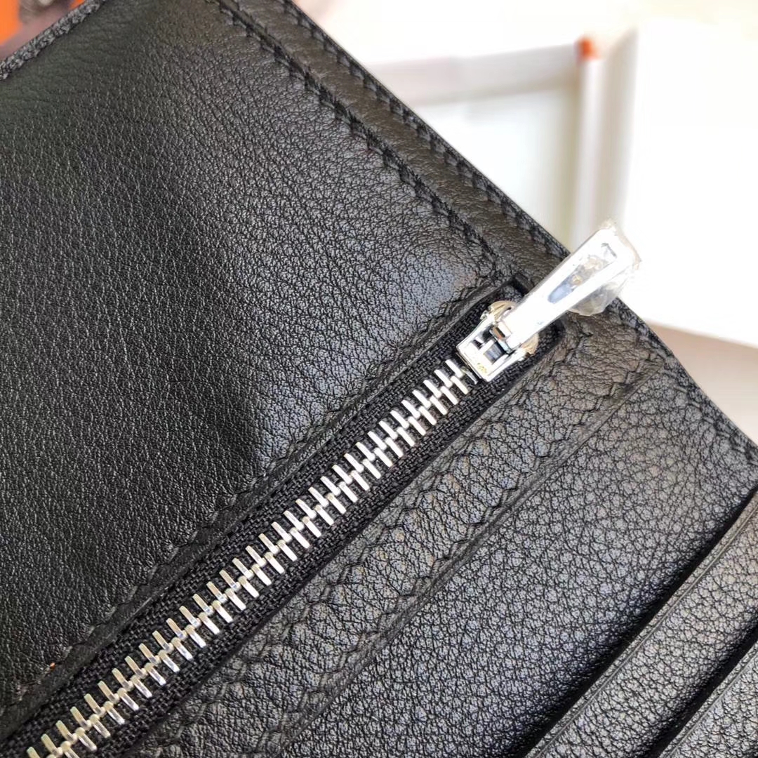 Hermes钱包价格 爱马仕黑色Swift牛皮H扣Bearn短款钱夹卡包 银扣