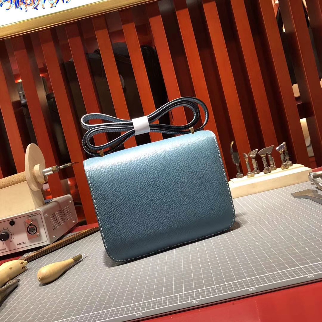 Hermes Constance19CM 爱马仕牛仔蓝原厂epsom牛皮空姐包 金扣