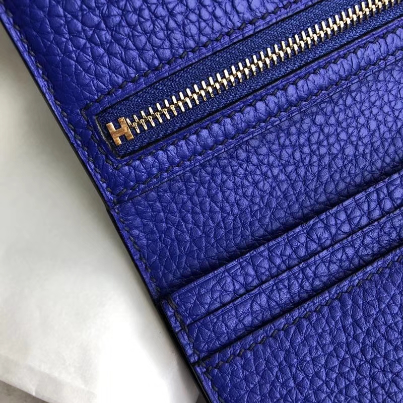 爱马仕钱包批发 Hermes Bearn电光蓝荔枝纹牛皮西装夹长款钱夹 金扣