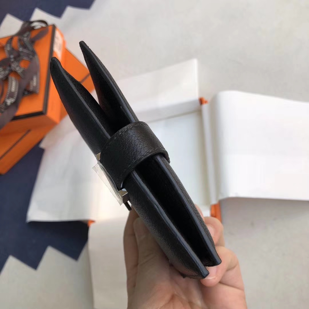 Hermes钱包价格 爱马仕黑色Swift牛皮H扣Bearn短款钱夹卡包 银扣