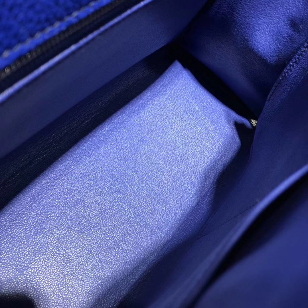 Hermes Kelly28CM 爱马仕7T电光蓝荔枝纹牛皮凯莉包 银扣