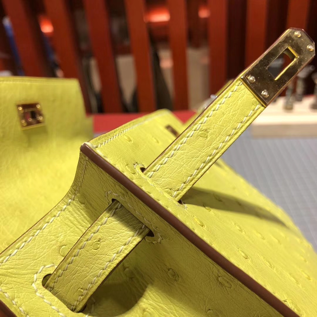 Hermes Minikelly22CM 爱马仕顶级鸵鸟皮9R柠檬黄迷你凯莉包手包 金扣