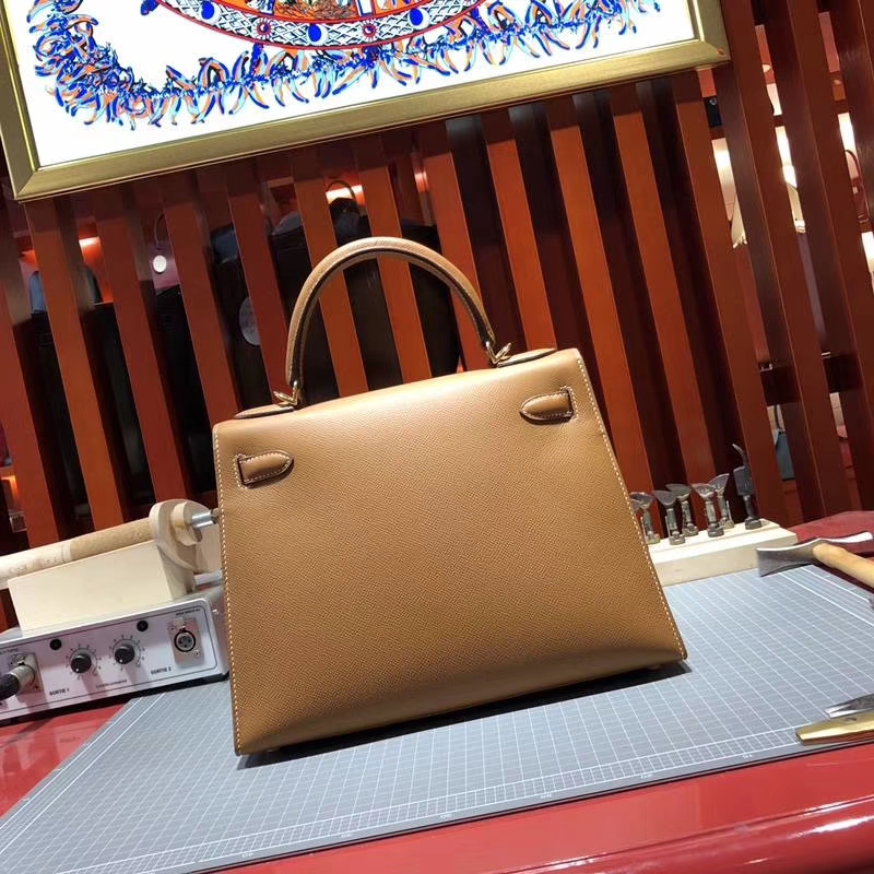 Hermes Kelly28CM 爱马仕土黄色Epsom牛皮凯莉包Kelly包包 金扣