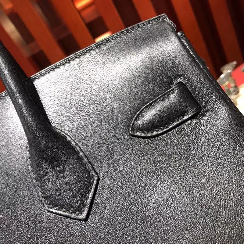 Hermes包包官网 爱马仕原厂Swift牛皮Birkin30铂金包 黑色 银扣