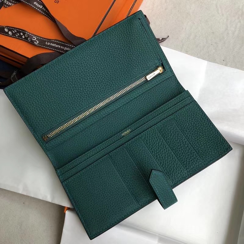 Hermes Bearn钱夹 爱马仕原厂荔枝纹牛皮H扣西装夹钱包 苹果绿 金扣