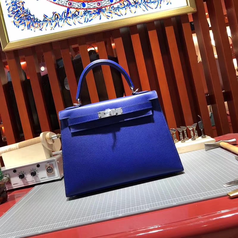 爱马仕Kelly包包 Hermes电光蓝十字纹牛皮凯莉包Kelly28CM 银扣
