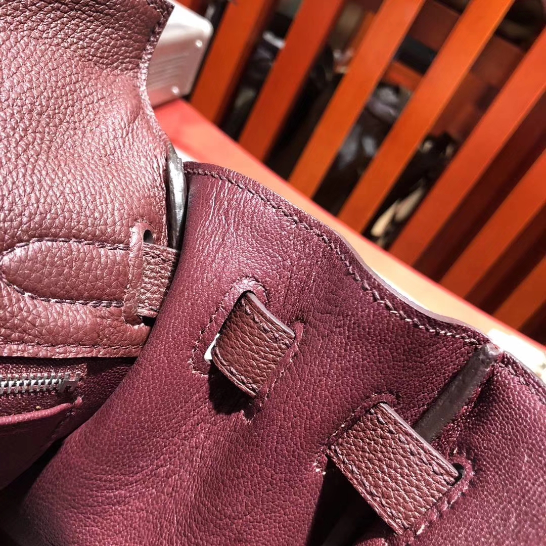 爱马仕Kelly包包 Hermes 57波尔多酒红Togo牛皮凯莉包 银扣
