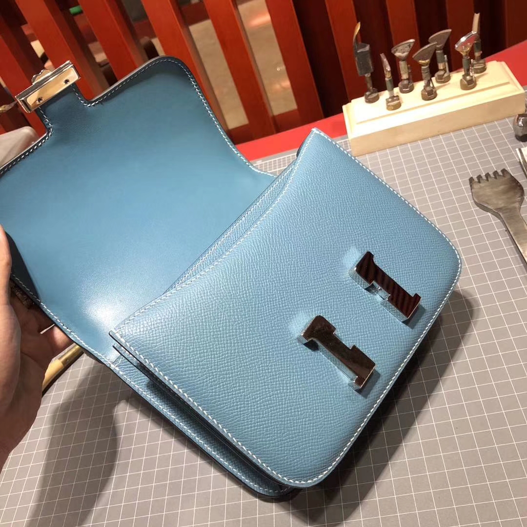 爱马仕康斯坦包尺寸 Hermes Constance19CM 牛仔蓝原厂epsom牛皮