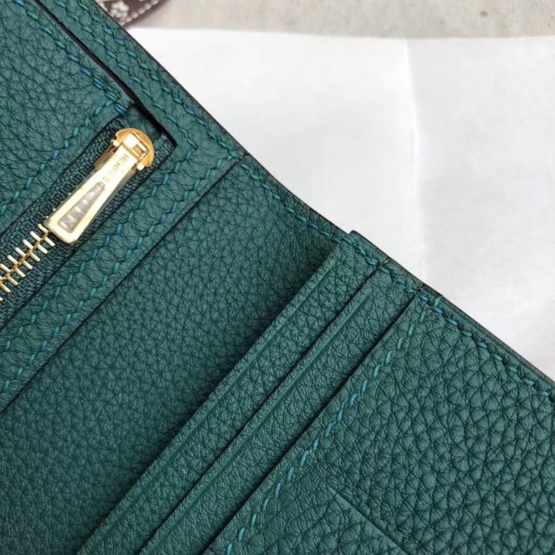 Hermes Bearn钱夹 爱马仕原厂荔枝纹牛皮H扣西装夹钱包 苹果绿 金扣