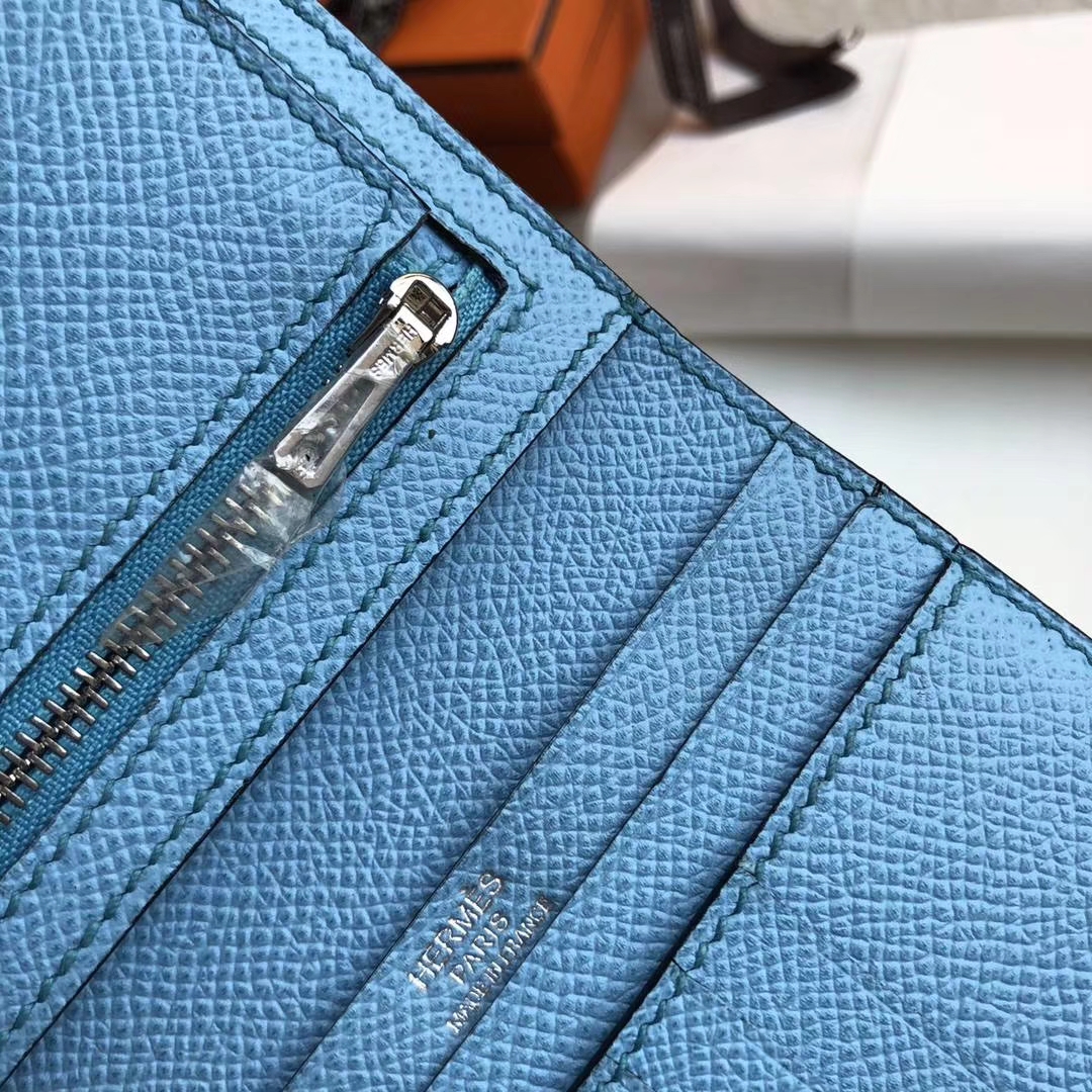 Hermes Bearn钱夹 爱马仕糖果蓝原厂Epsom牛皮短款钱包卡包 银扣