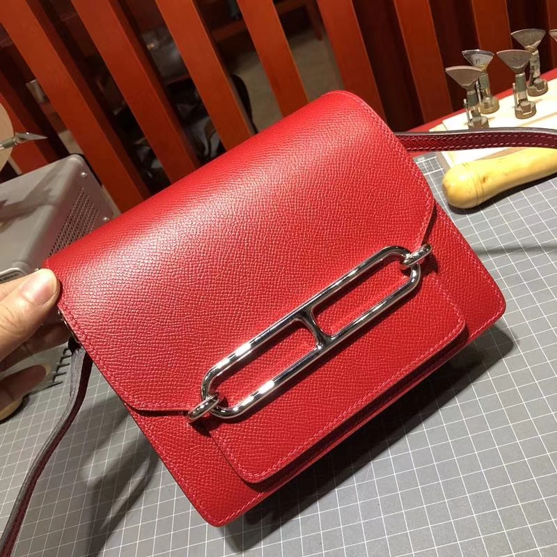 Hermes Roulis19CM 爱马仕中国红原厂Epsom牛皮猪鼻子包单肩斜挎包 银扣