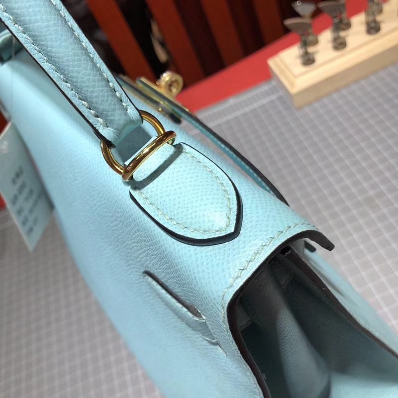 爱马仕凯莉包价格 Hermes Kelly28CM 马卡龙蓝手掌纹牛皮 银扣