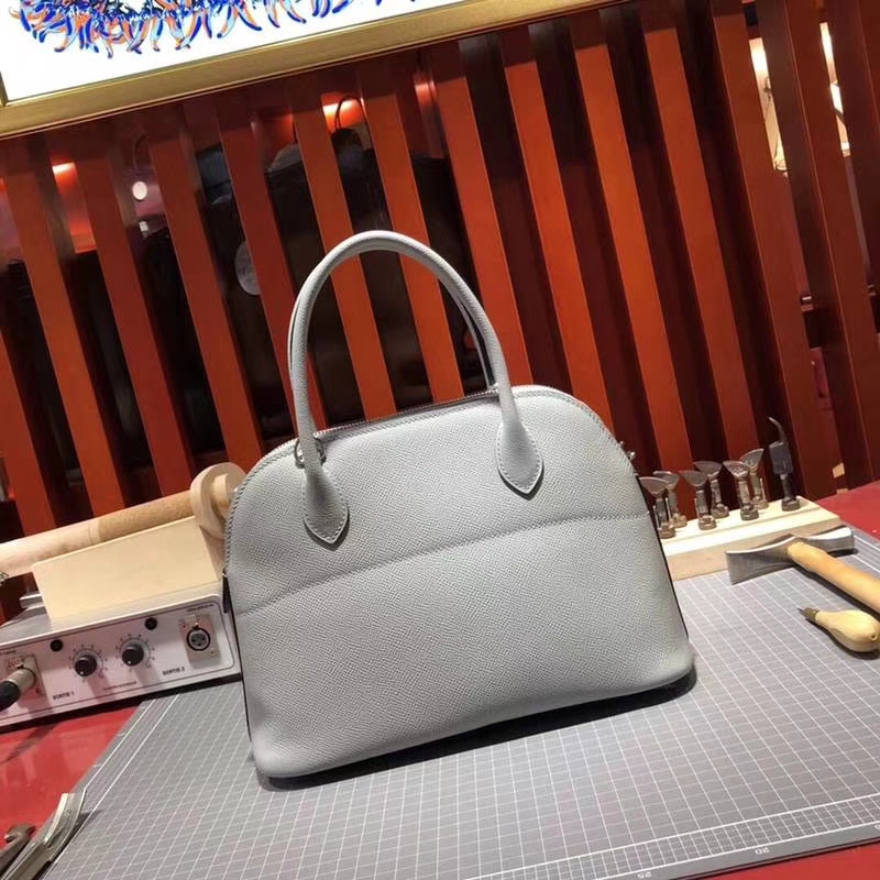 爱马仕包包批发 Hermes Bolide27CM 海鸥灰十字纹牛皮保龄球包