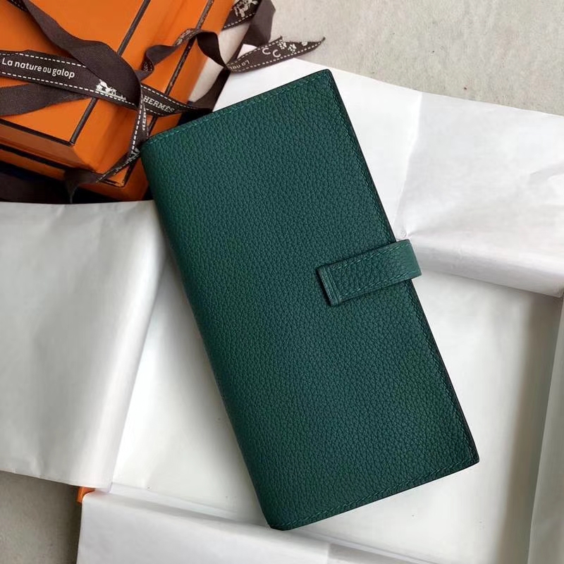 Hermes Bearn钱夹 爱马仕原厂荔枝纹牛皮H扣西装夹钱包 苹果绿 金扣