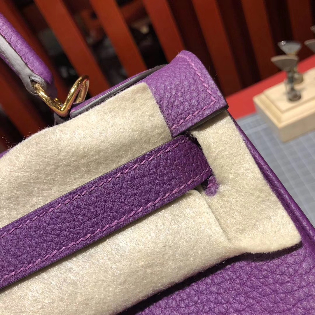 爱马仕凯莉包价格 Hermes Kelly28CM P9海葵紫顶级Togo牛皮 金扣