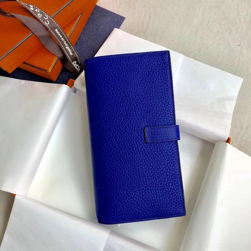 爱马仕钱包批发 Hermes Bearn电光蓝荔枝纹牛皮西装夹长款钱夹 金扣