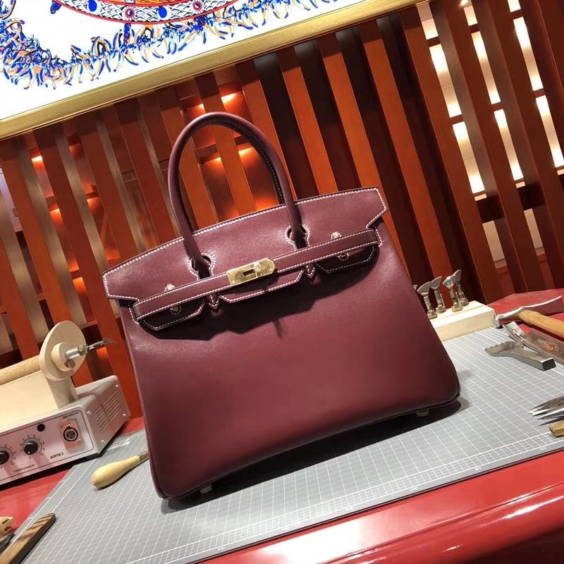 爱马仕Birkin包包 Hermes宝石红原厂Box牛皮Birkin30CM铂金包 金扣