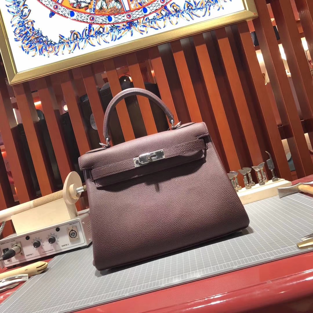 爱马仕Kelly包包 Hermes 57波尔多酒红Togo牛皮凯莉包 银扣