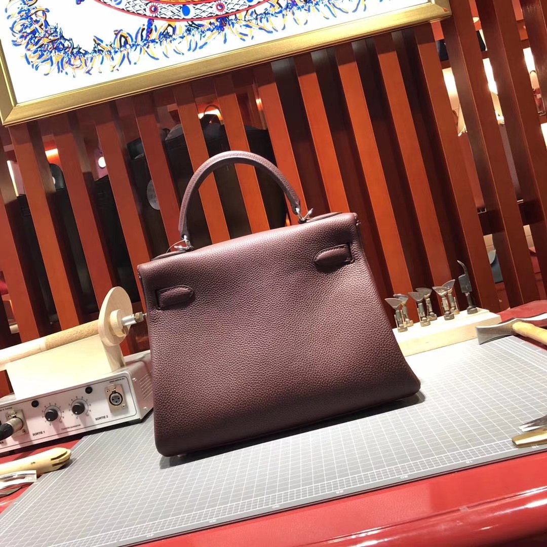 爱马仕Kelly包包 Hermes 57波尔多酒红Togo牛皮凯莉包 银扣