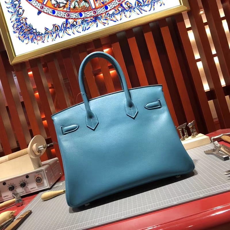 爱马仕包包官网 Hermes Birkin30CM 松石蓝原厂Swift牛皮铂金包 银扣