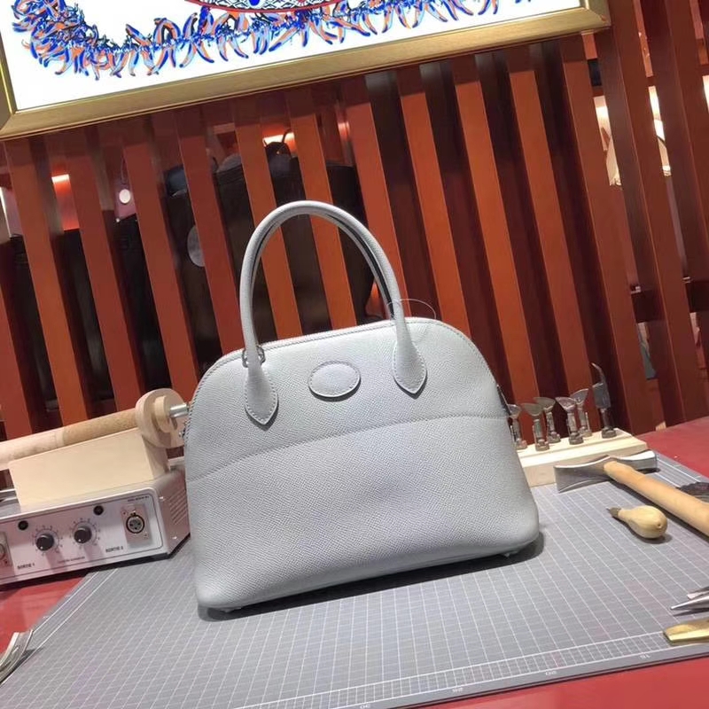 爱马仕包包批发 Hermes Bolide27CM 海鸥灰十字纹牛皮保龄球包