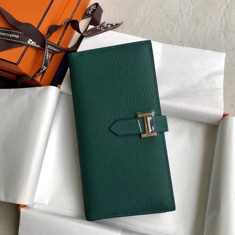 Hermes Bearn钱夹 爱马仕原厂荔枝纹牛皮H扣西装夹钱包 苹果绿 金扣