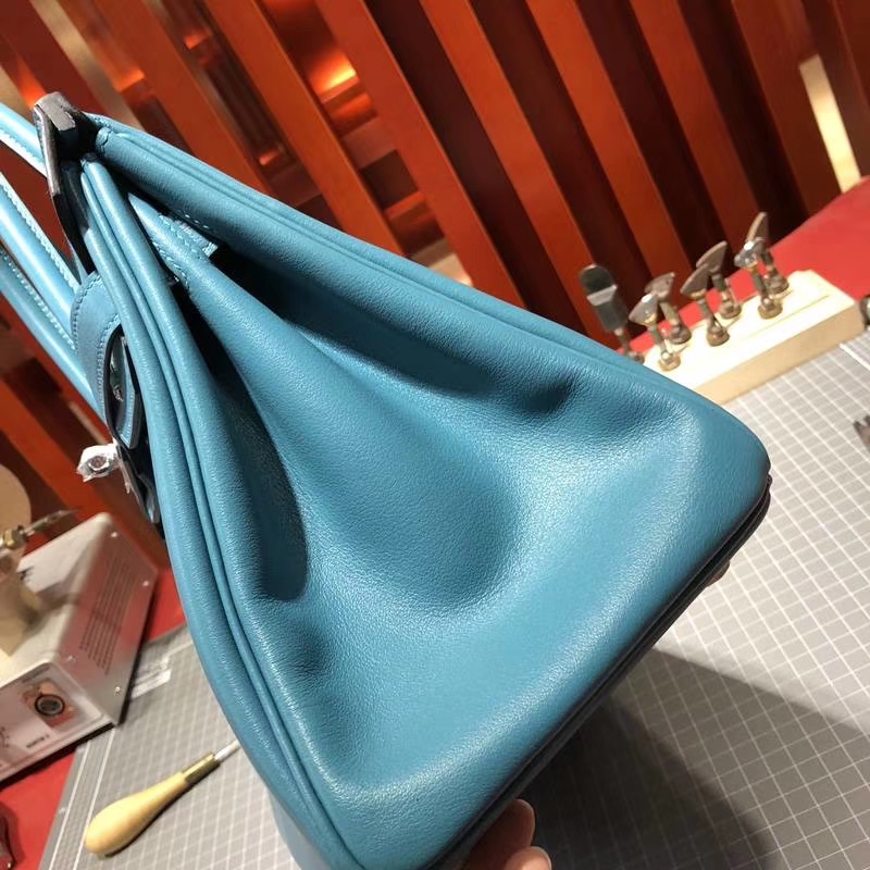爱马仕包包官网 Hermes Birkin30CM 松石蓝原厂Swift牛皮铂金包 银扣