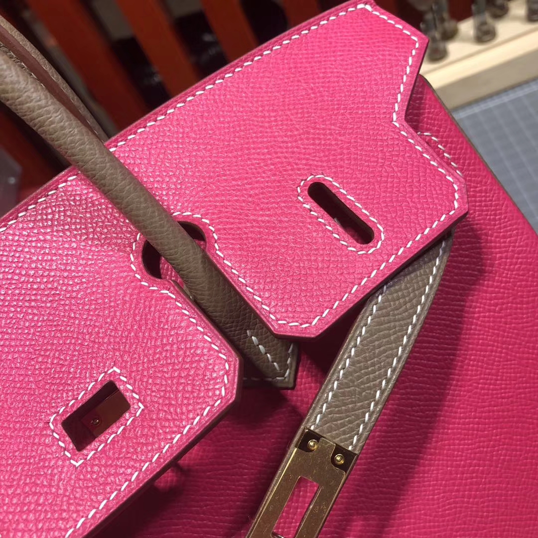 爱马仕拼色铂金包 Hermes Birkin25CM 玫红拼大象灰Epsom牛皮 金扣