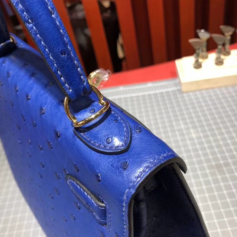 爱马仕凯莉包尺寸 Hermes Kelly25CM 电光蓝南非鸵鸟皮 金扣