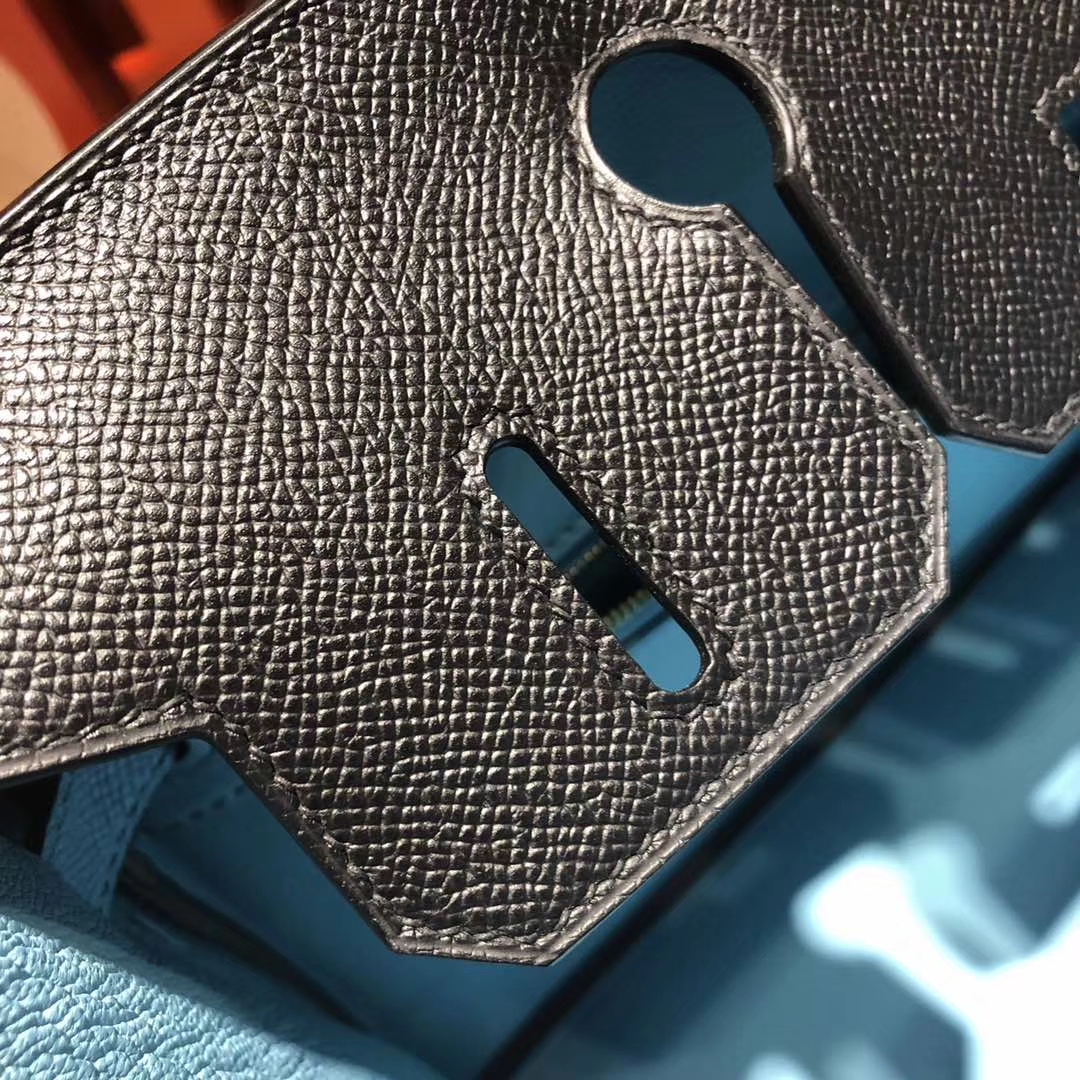 爱马仕Birkin包包 Hermes黑色拼糖果蓝十字纹牛皮铂金包30CM 金扣