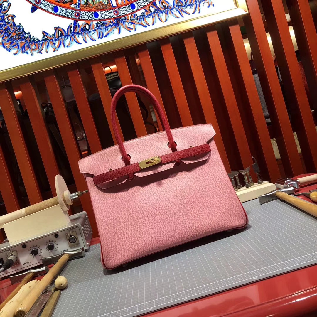 爱马仕拼色铂金包 Hermes Birkin30CM 奶昔粉拼中国红原厂手掌纹牛皮 金扣