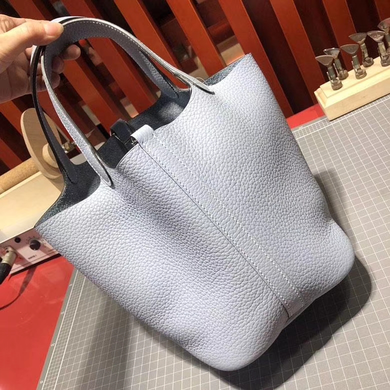 Hermes Picotin Lock18CM 爱马仕亚麻蓝Clemence牛皮水桶包菜篮子包