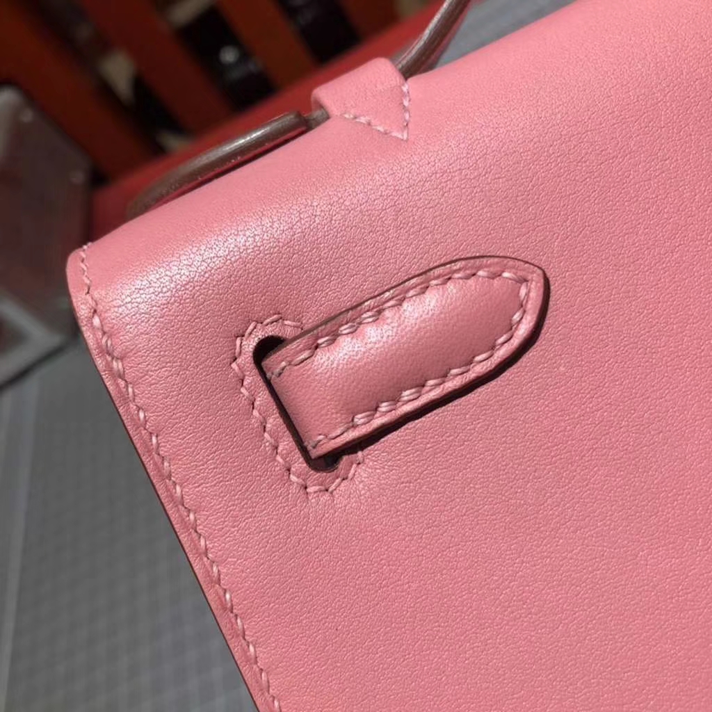 Hermes Minikelly22CM 爱马仕奶昔粉Swift牛皮迷你凯莉包手拿包 银扣