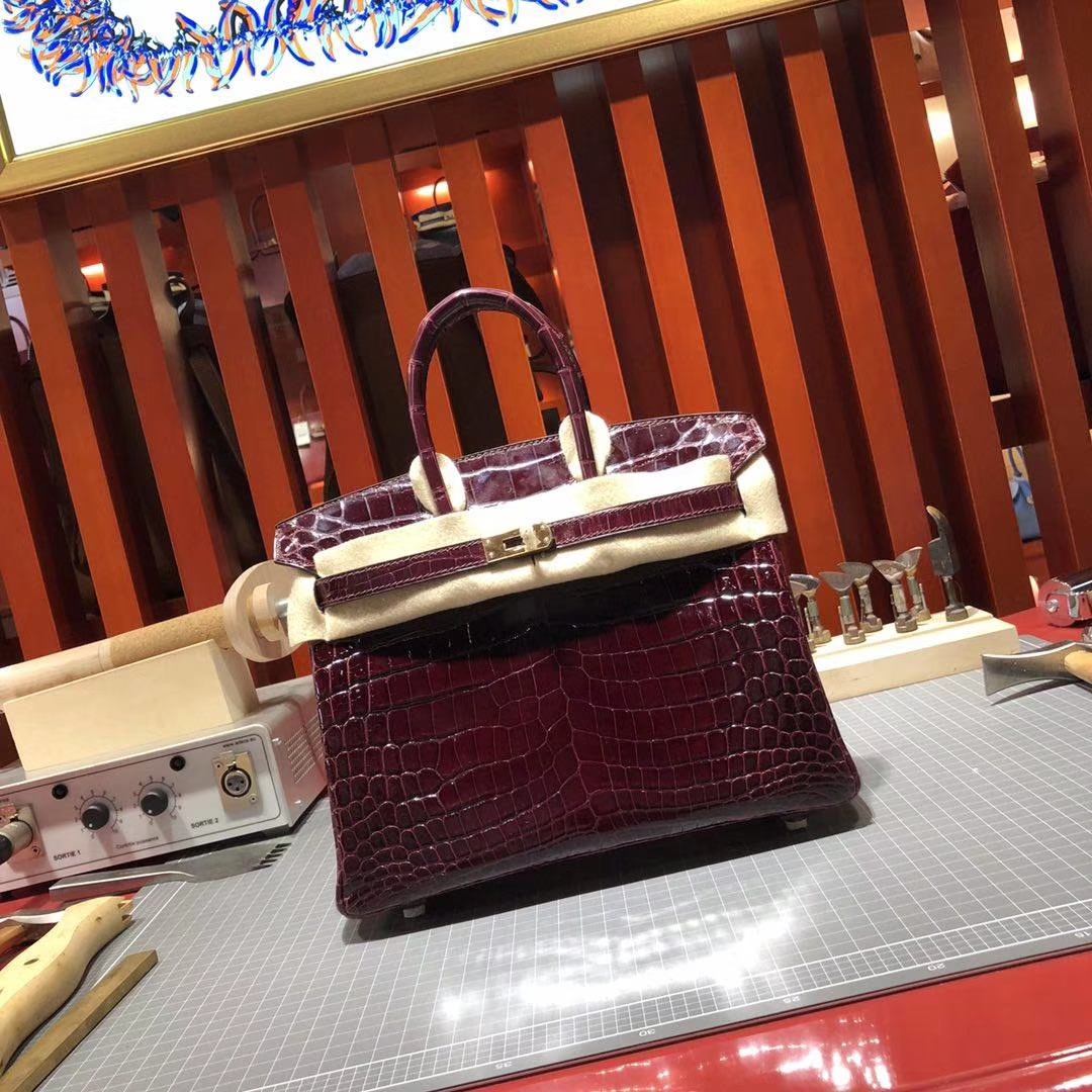 Hermes Birkin25CM 爱马仕CK57波尔多酒红亮面尼罗鳄鱼皮铂金包 金扣