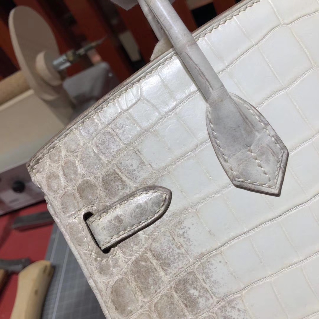 爱马仕铂金包尺寸 Hermes Birkin25CM 01喜马拉雅色雾面鳄鱼皮 银扣