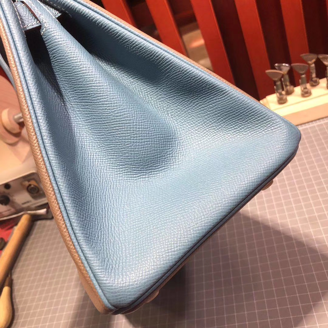 Hermes Birkin30CM 爱马仕大象灰拼牛仔蓝原厂手掌纹牛皮铂金包 金扣