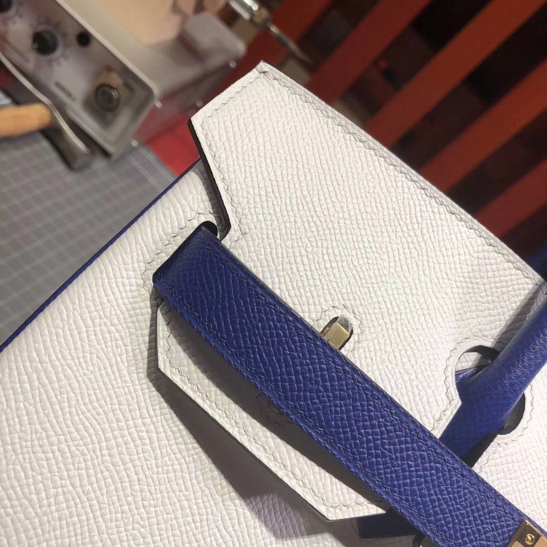 Hermes Birkin30CM 爱马仕纯白拼电光蓝原厂十字纹牛皮铂金包 银扣