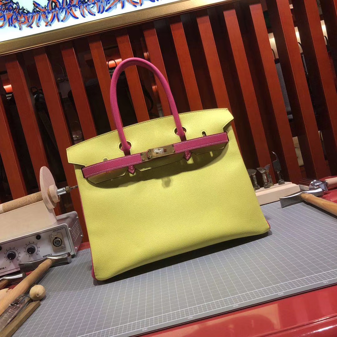 爱马仕拼色铂金包 Hermes Birkin30cm 小鸡黄拼玫红Epsom牛皮 金扣