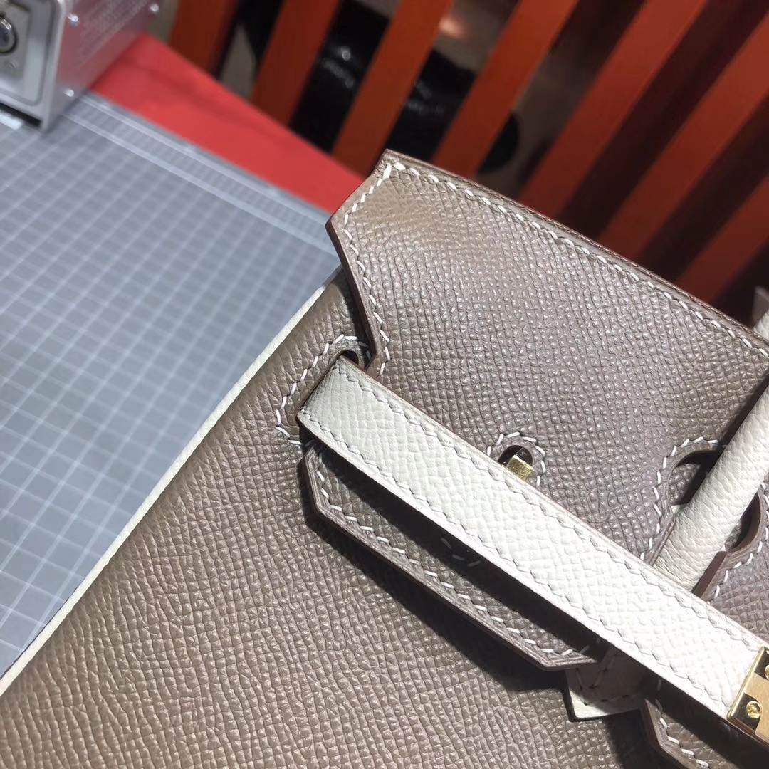 爱马仕拼色铂金包 Hermes大象灰拼奶昔白Epsom牛皮Birkin25CM 金扣