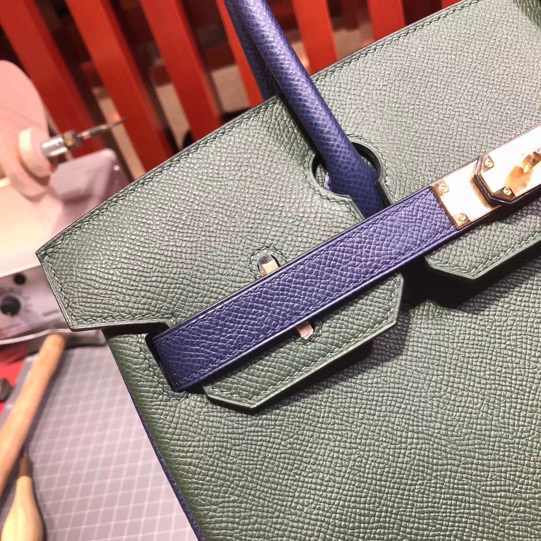 Hermes Birkin30CM 爱马仕英国绿拼宝石蓝十字纹牛皮铂金包 金扣